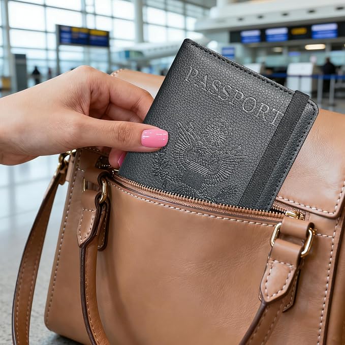 ACdream Passport Holder Cover, Leather Travel Wallet Case, RFID Blocking Document Organizer Protecrtor, with Slots for Credit Cards, Boarding Pass, for Women and Men - Black