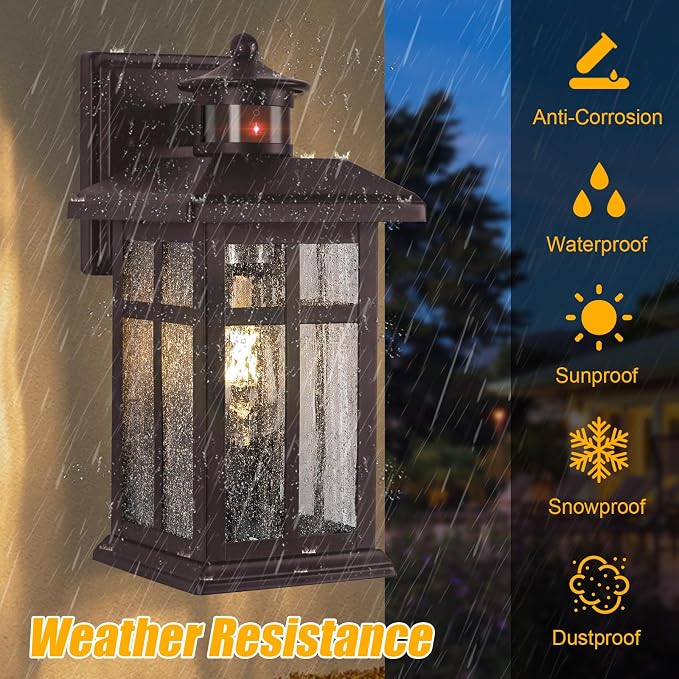 Exterior Light Fixtures Motion Sensor Wall Mount Oil Rubbed Bronze | Exterior Wall Mount with E26 Sockets & Tempered Glass, Waterproof Outdoor & Indoor Lights for House, Porch, Garage, White