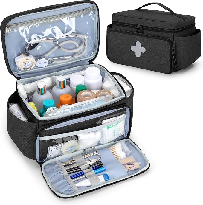 CURMIO Small Medicine Storage Bag, Empty Family First Aid Kits Case, Black | Emergency Medical Supplies for Home Care, Pill Bottle Organizer, Multifunctional Bag for Medical Use, Dormitory, Travel