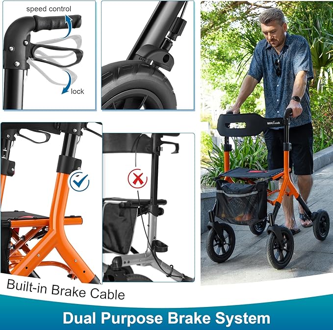 Rollator Walker with Seat, Tall Walkers for Seniors, 12" Big Rubber Wheels All Terrain Rollator Walker with Backrest, Built-in Cable, Foldable and Dual Adjustable Height for 5.3-7ft, Orange