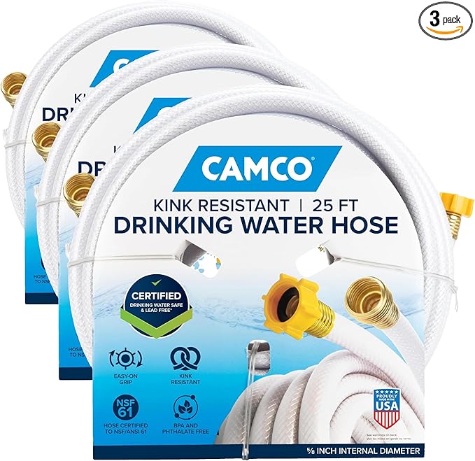 Camco TastePURE 25-Ft Water Hose-RV Drinking Water Hose Contains No Lead,No BPA&-No Phthalate-Features Diamond-Hatch Reinforced PVC Design-5/8” Inside Diameter,Made in the USA (22783),(Pack of 3)