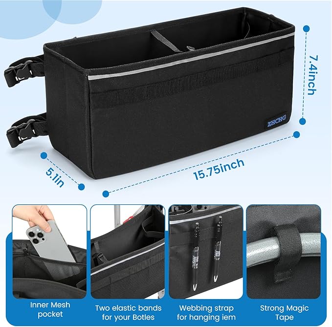 ZHCHG Walker Basket for Seniors, Walker Accessories Bag for Folding Walker | Large Capacity & Never Tipping Over, Best Gift- (Not Fit Rollator Walkers)- Black