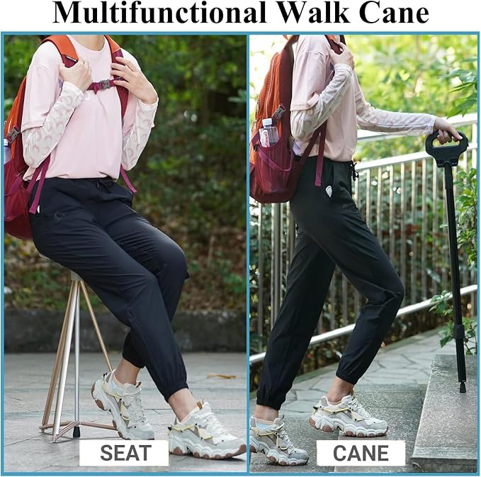 Cane with Seat Foldable Chair Cane,Walking Stick Cane, Folding Walking Cane for Men & Women with Travel Bag and 2 Base Canes and Cushion for Outdoor Hiking