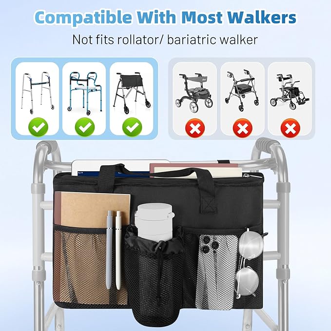 Rhino Valley Walker Bag, Large Capacity Walker Accessories Storage Bag with Multi Pockets & Cup Holder, Walker Basket with 4 pockets for Universal Walkers for Seniors, Black