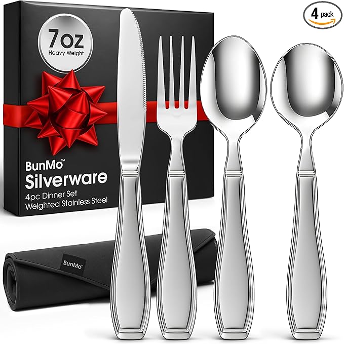 BunMo Weighted Utensils for Tremors and Parkinsons Patients - Heavy Weight Silverware Set of Knife, Fork and Spoon - Parkinsons Gifts for People with Parkinson's - Adaptive Eating Flatware (4 Pieces)