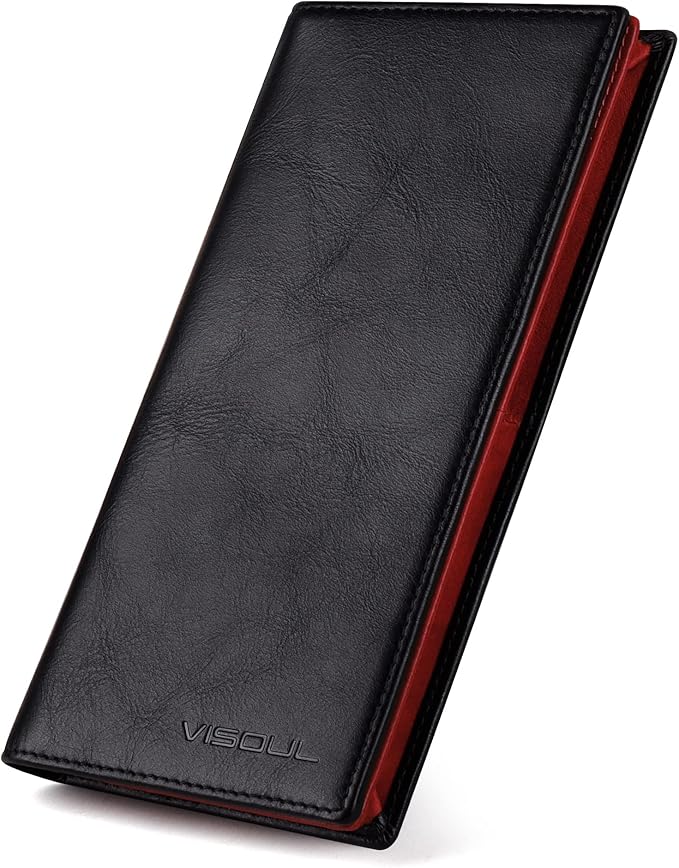 VISOUL Leather Checkbook Cover Wallet for Men with RFID Blocking, Mens Long Bifold Cash Tall Wallet with 11 Credit Card Slots 1 ID Window (Black and Burgundy)