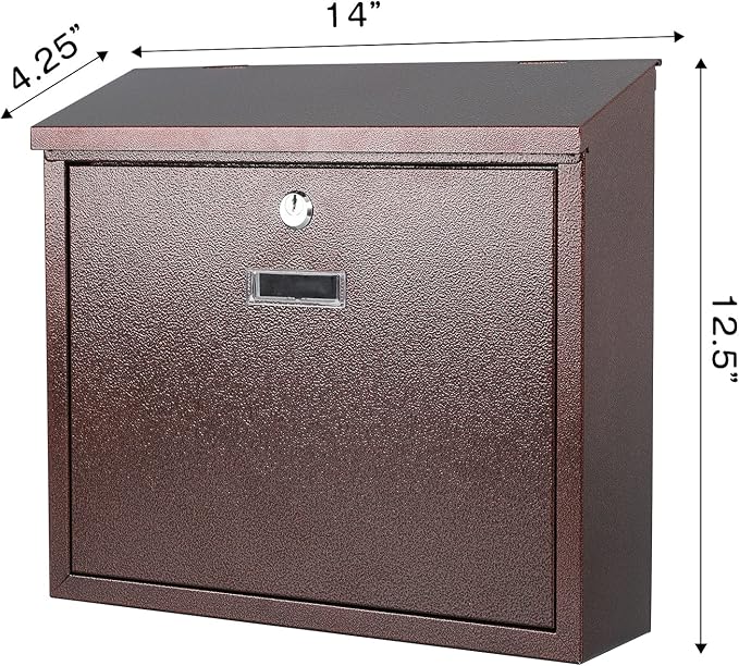 xydled Mail Boxes with Key Lock,Locking Mailbox Wall Mounted, Bronze | Large Capacity, Galvanized Steel Cover Metal Postbox for House,ideal for mail storage, 14 x 12.5 x 4.25 Inches
