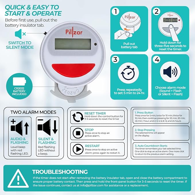 Portable Medication Reminder System with Two Timer Caps – Compact Organizer for Pills, Vitamins & Supplements for Travel or Home Use.
