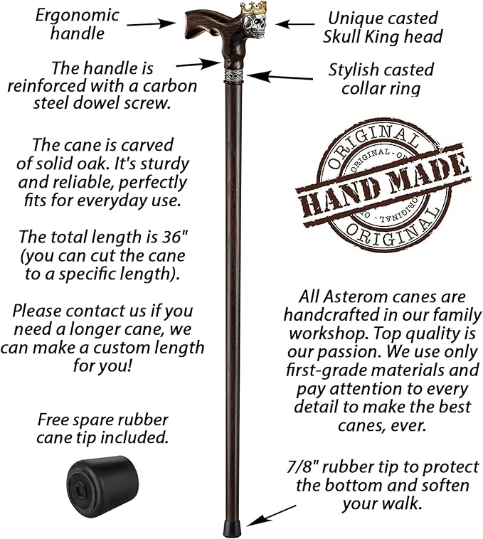 Asterom Handmade Wood Walking Cane for Men - Skull King - Cool Men's Wooden Canes Fashionable Walking Stick
