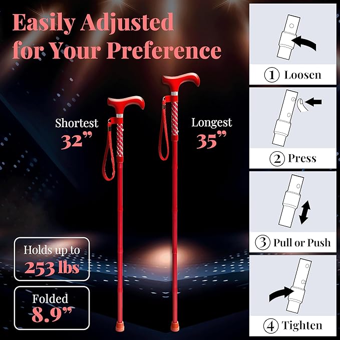 Merry Sticks Lightweight Foldable Walking Canes for Women and Men, Adjustable & Collapsible Walking Stick for Seniors, Balancing Mobility Aids, Ergonomic Handle & Wrist Strap - Dazzling Black