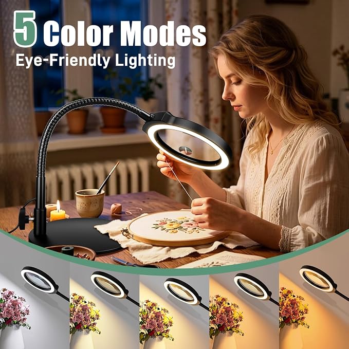 30X 10X Large Magnifying Glass with Light and Stand, 5-Inch Optical Grade HD Lens, 5 Color Modes Stepless Dimmable LED Desk Lamp, Hands Free Gooseneck Lighted Magnifier for Craft Painting Close Work