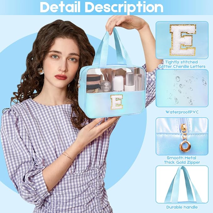 Personalized Initial Clear Makeup Bag Blue Cosmetic Bag Set Large Travel Toiletry Bag, Cute Clear Make Up Bags Organizer Bag for Girlfriend Teacher Gifts Teen Girl Gifts Trendy Stuff R (Blue)