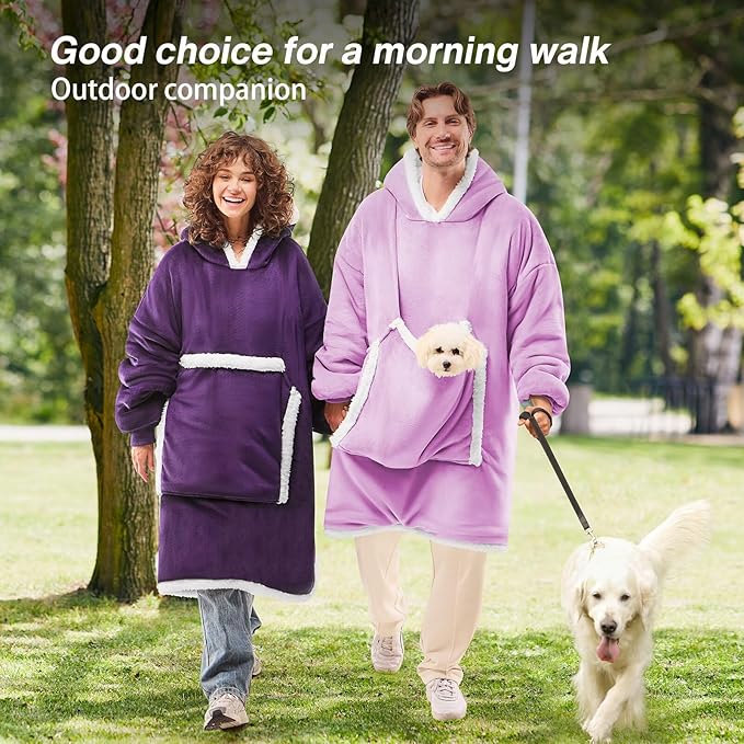 JOYWOO Purple Oversized Wearable Blanket Hoodie, Cat lovers Long Hoodie Blanket for Adult,Birthday Gifts for Women Men Mom,Cozy Sherpa Hooded Blanket Giant Pocket Winter Gifts,Dark Purple,Oversize