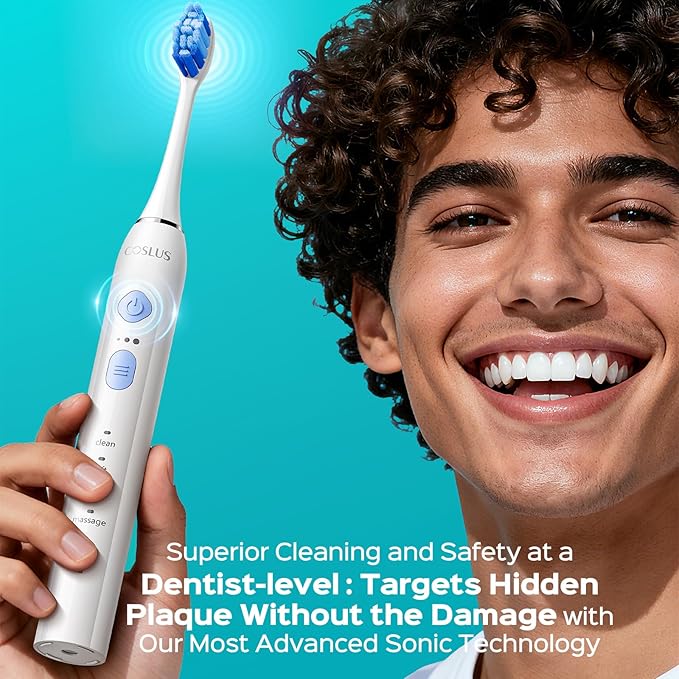 COSLUS Sonic Electric Toothbrush for Adults & Kids: 3 Intensities & 5 Modes Gum-Friendly for Deep Cleaning & Whitening - 2 Types of Heads for Family, Sensitive Teeth, Braces, Travel Home, White, 1PC