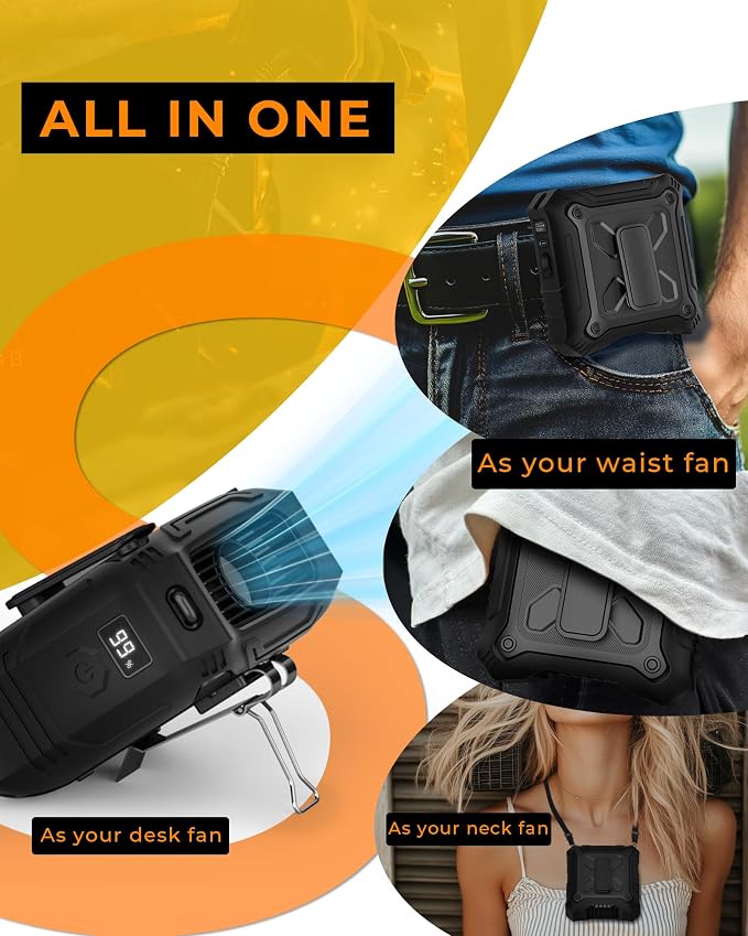 TUNISE Portable Fan with 5-Speed Settings, Dual-Sided Clip on Wearable Belt Waist Fan for 8000mAh, 2 Settings including Flashlight,Travel Essential for Outdoor Camping as Power Bank