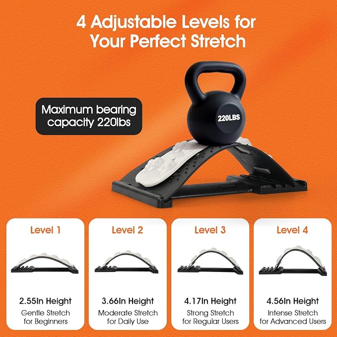 Premium Back Stretcher for Lower Back Pain Relief – 4-Level Adjustable Lumbar Support Board with Soft EVA Massage Strip – Durable & Portable Back Cracker to Release Tension and Reset Your Day (Black)