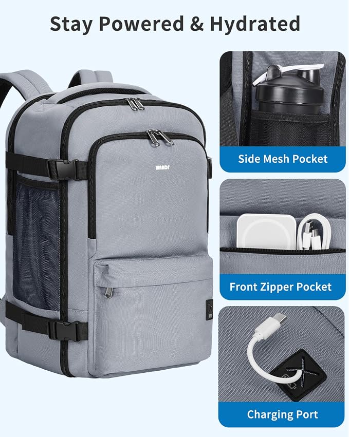 WANDF Personal Item Travel Bag, Small Travel Backpack 17x10x9 for United Airlines, 15.6" Laptop Backpack for Men Women (Grey)