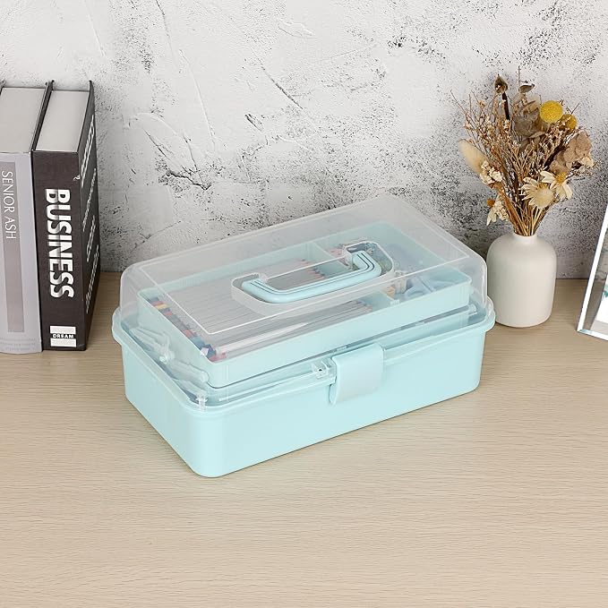 BTSKY 3-Layer Plastic Dividing Storage Box Craft Organizer and Storage with Adjustable Spacers Portable Handled Art Supply Organizer Multipurpose Home Utility Box for Medicine, Sewing(Blue)