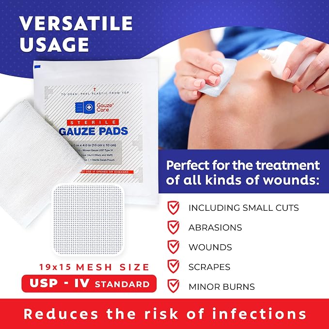 100pc Large Sterile Gauze Pads 4x4 Sterile for Wounds Bulk - 12ply Woven Gauze Sponges 4x4 Sterile - USP IV Breathable Mesh 4x4 Gauze Pads Sterile for Enhanced Absorption - First Aid Medical
