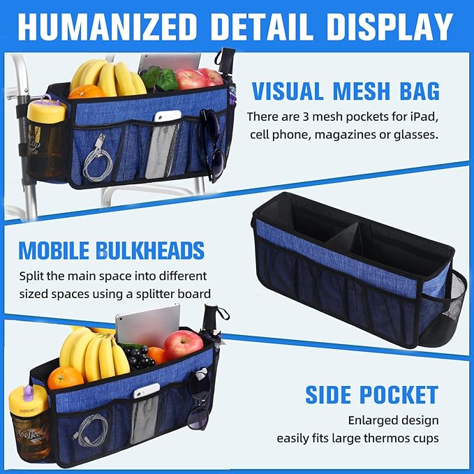 CTWWFS Upgrade Walker Basket with Cup Holder, Foldable Walker Storage Bag for seniors with Big Capacity & Never Tipping Over, Best Gift for Family (Blue)