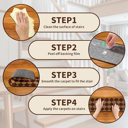 Non Slip Stair Treads for Wooden Steps, 4 Pack 8"x30" Washable Carpet | 8x30 in soft chenille polyester stair treads with reusable TPE backing for indoor wood stairs, dogs, kids, and seniors
