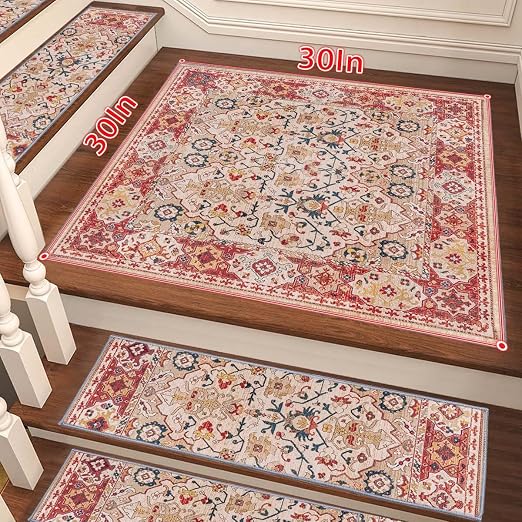 8”x 30” Carpet Stair, Anti-Slip Carpet Treads for Wooden Steps, Self-Adhesive Decorative Stair Runners, Slip-Resistant Treads for Indoor Wooden Staircases (1, Red, 30X30 inch)