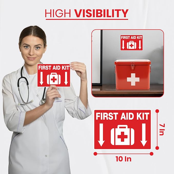 3 x First Aid Kit Sign | 10 x 7 Inch Premium Vinyl First Aid Sticker | UV-resistant, Water-proof First Aid Kit Inside Sign | First Aid Kit Inside Sticker