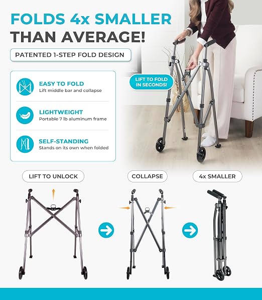 Stander Wonder Walker with 5-inch Wheels, Lightweight Folding Walker for Adults, Seniors, and Elderly, Collapsible Travel Walker, Ski Glides for Mobility Support, Compact, Black Walnut