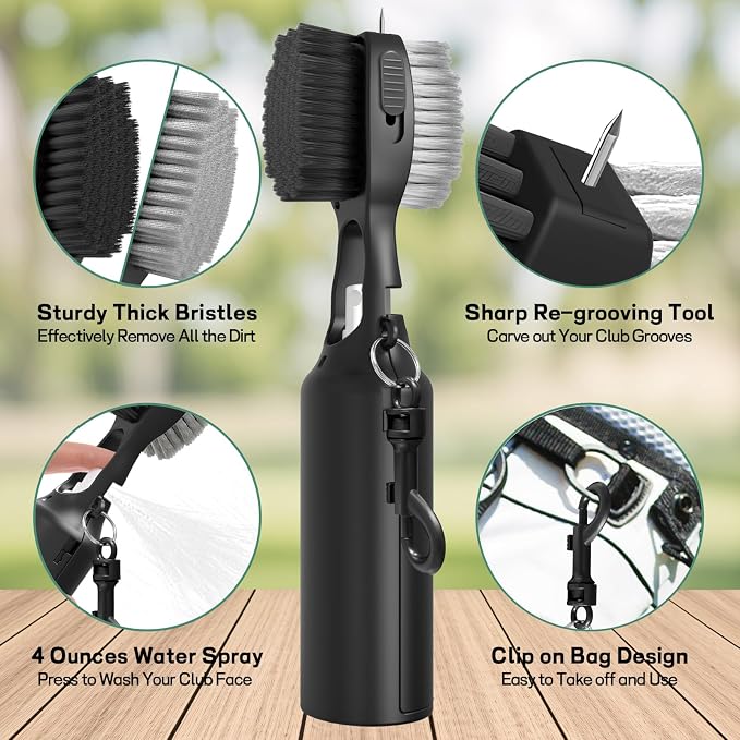 THIODOON 2 Pack Golf Club Brushes and Groove Cleaner 2 ft Retractable Zipline Carabiner Golf Brush Head with Retractable Spike Comfortable Grip Golf Club Cleaner
