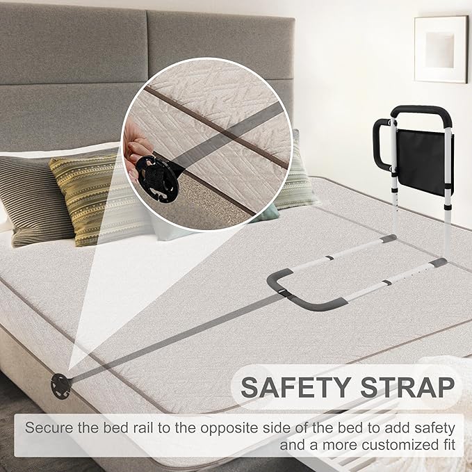RELIANCER Bed Safety Rail for Elderly Adult w/Side Support Bar&Storage Bag,Dual Handle Assist Grab Bar for Seniors,Adjustable Bedside Support Railing,Bed Side Assist Guard Rail,Bedside Hand Guard Bar