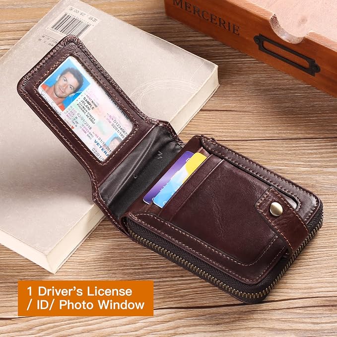 GOIACII Zipper Wallet for Men Genuine Leather RFID Blocking Mens Wallet with Zipper Coin Pocket ID Window Zipper Wallets Large Capacity