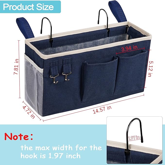 Bedside Caddy, Bedside Storage Bag Hanging Organizer for Bunk Dorm Bed Rail | Bed Caddy with Hooks, Top Bunks and Dorm Essentials for Water, Tissues, Tablets, Books, Phones, Remotes and Other Necessories