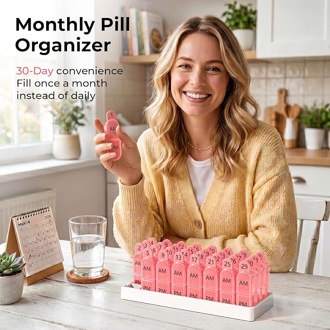 Daviky Monthly Pill Organizer 2 Times a Day - 30 Day Pill Box AM PM, BPA Free One Month Medicine Organizer Twice Daily, 31-Day Case to Hold Vitamins, Supplements & Medication, Pink