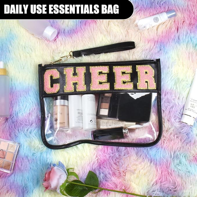 BuyCard Cheer Chenille Letter Bags Clear Makeup Bag, Cheerleader Gifts Cosmetic Bag, Varsity Preppy Patch Flat Pouch Cheer Accessories, Waterproof PVC Organizer Toiletry Bag for Women Girls Black