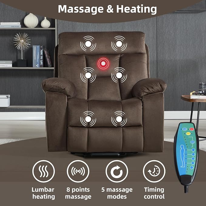 Large Power Lift Recliner Chair with Massage and Heat for Elderly Big and Tall People, Overstuffed Wide Recliners with 2 Cup Holders, Side Pocket and USB Port, Dark Brown