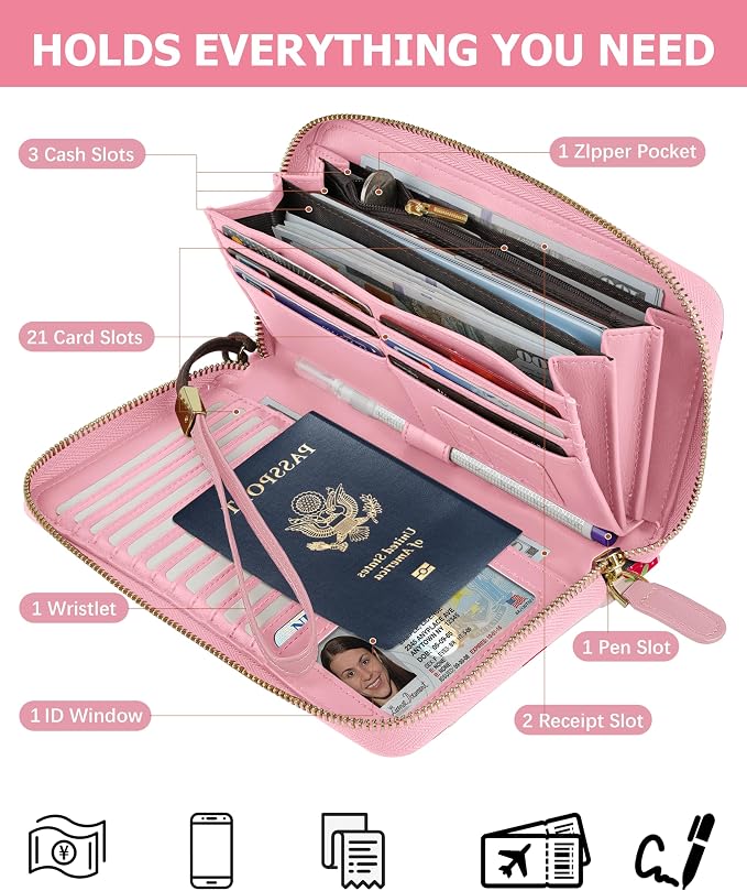 Large Travel Wallet for Women | RFID Blocking Zipper Wallet,Passport Holder Clutch with Wristlet