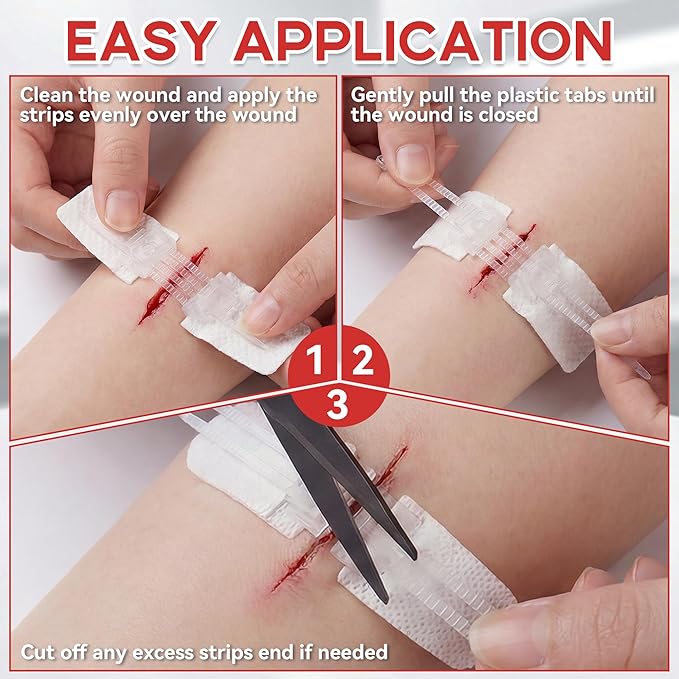 3 PCS Wound Closure Strips for Emergency Laceration & Wound Repair - Zipstitch Sutures - Painless Alternative to Stitches - Butterfly Bandages for Hiking, Camping, Survival & First Aid Kit Essential