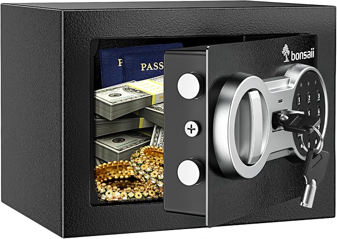 Bonsaii Safe Box with Electronic Keypad, Steel Security Lock Box with Key, 0.23 Cubic Feet, 9.06" W x 6.69" D x 6.69" H, Small Hidden Safe for Cash Jewelry