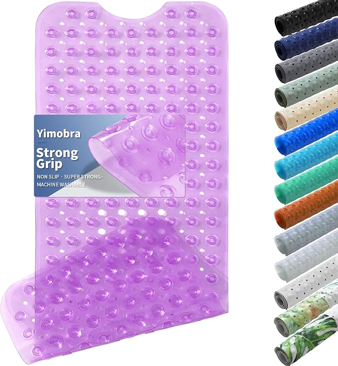 Yimobra Non Slip Bathtub Mat 40 x 16 Inch, Extra Long Shower Mat with Drain Holes, Machine Washable Baby Bath Mats, Strong Suction Cups for Bathroom Floor, Clear Purple