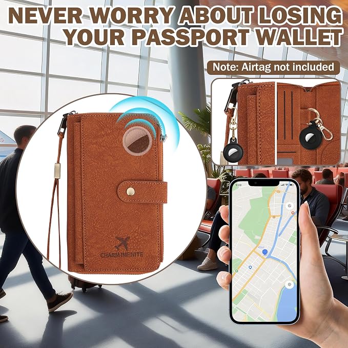 RFID Blocking Passport Wallet, Anti Theft PU Texture Passport Pouch with Tracker Case, Travel Document Organizer Zipper Wallet with Wrist Strap & Keychain, Gifts for Women and Men (Brown)