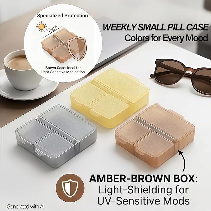 Small Travel Pill Case,6PCS Portable 3 Grids Pocket Pill Box,Mini Compact Pill Organizer for Daily Medicine,Gummy Vitamins, 3 Times Pill Container,2.4"x2.6" Brown,Yellow,Gray