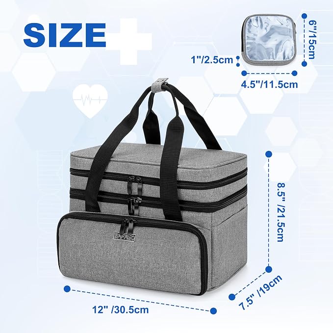 BAFASO Double Layer Medicine Bag with 2 Detachable Pouches, Gray | Pill Bottle Organizer for Travel and Daily Use (Bag ONLY)