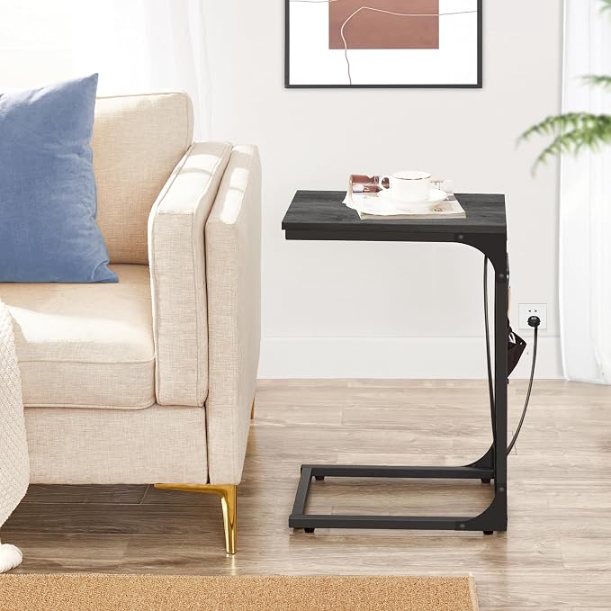 TUTOTAK C Shaped End Table with Charging Station, Side Table for Sofa | Couch Table with Storage Bag, TV Tray with 2 USB Ports and Outlets, Set of 2, Living Room and Bedroom, Grey TB01BY0242