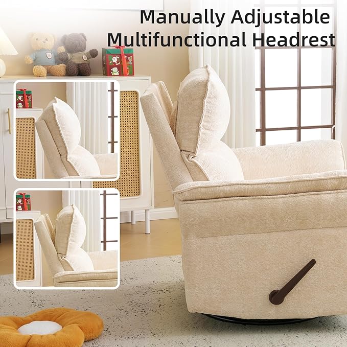 Oversized Recliner Chair, 24" Extra Wide 360° Swivel Rocker Recliner with Adjustable Headrest, Chenille Glider Rocking Nursery Chair with Overstuffed Armrest, Lumbar Support, Beige