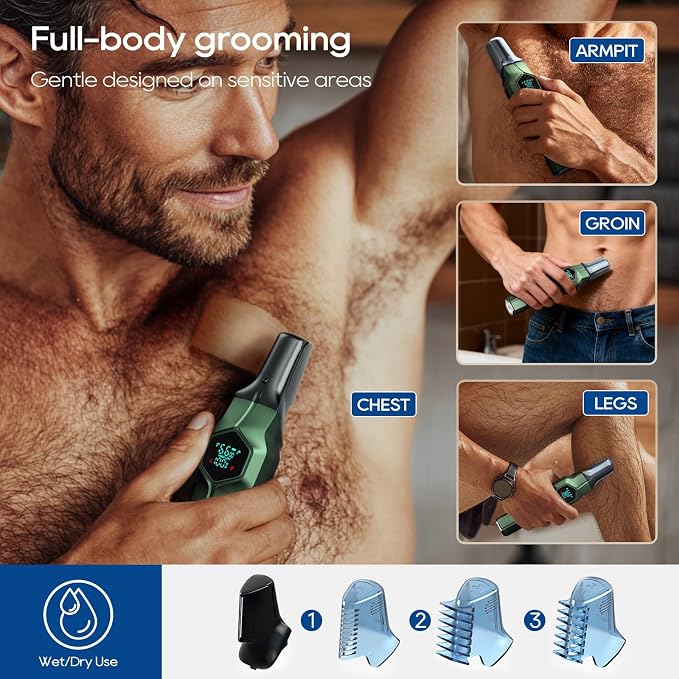 Beard Trimmer for Men, Magnetic Snap-on Replacement Heads & Charging Dock, IPX7 Waterproof Cordless Hair Clippers, Mens Grooming Kits for Mustache/Body/Face/Ear/Nose, Olive Green