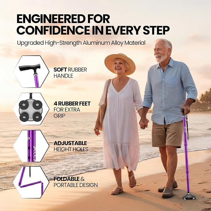 Allay Walking Canes for Men & Women - Adjustable Canes for Women for Stability, Self Standing Wide Quad Pivot Base, Light Weight, Soft Handle Grip and Travel Bag, Walking Sticks for Seniors