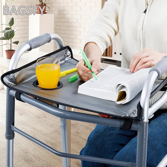 BAGSFY Walker Tray with Cup Holder – Hard Top Walker Accessory for Seniors – Folding Walker Table for Meals, Reading, Drinks – Non-Slip, Easy Install, Universal Fit