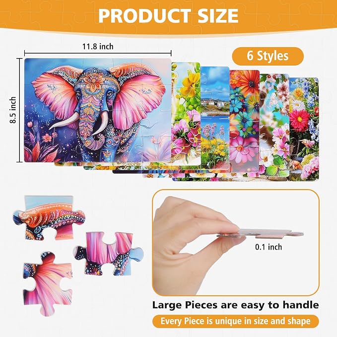 20-Piece Large Piece Puzzles for Seniors, 6 Pack Easy Grip Set | Dementia & Alzheimer's Puzzles for Elderly , Confidence Building, Family Activity, Nursing Home Friendly Gift(Animal)