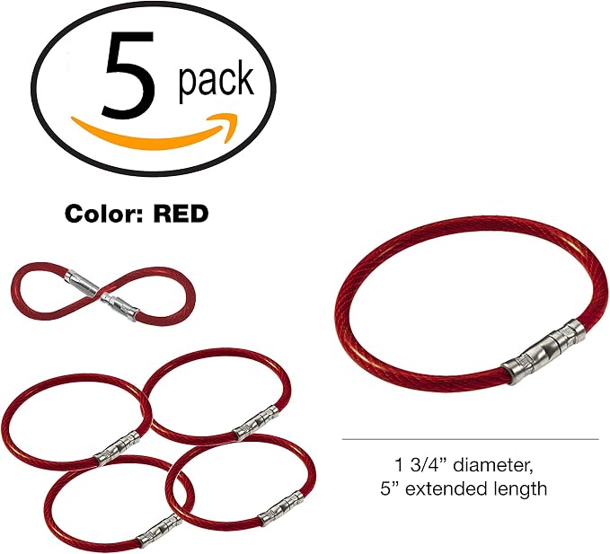 Lucky Line 5” Twisty Lock Key Ring, Flexible Nylon Coated Steel Wire Loop, Corrosion-Resistant and Durable, 5 Pack, Red (8117005)