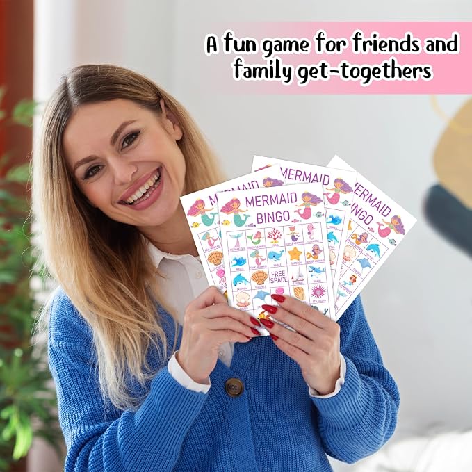 Mermaid Bingo Cards, 24 Player Under The Sea Party Bingo Game for Family Adult, Ocean Mermaid Party Favor, Large Group Party Celebration Activity -08